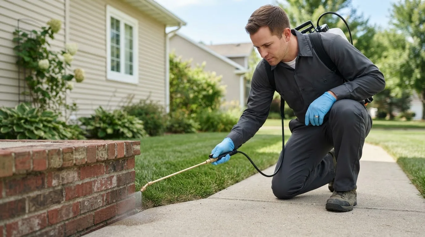 Pest control technician treating a home near Crosby, MN