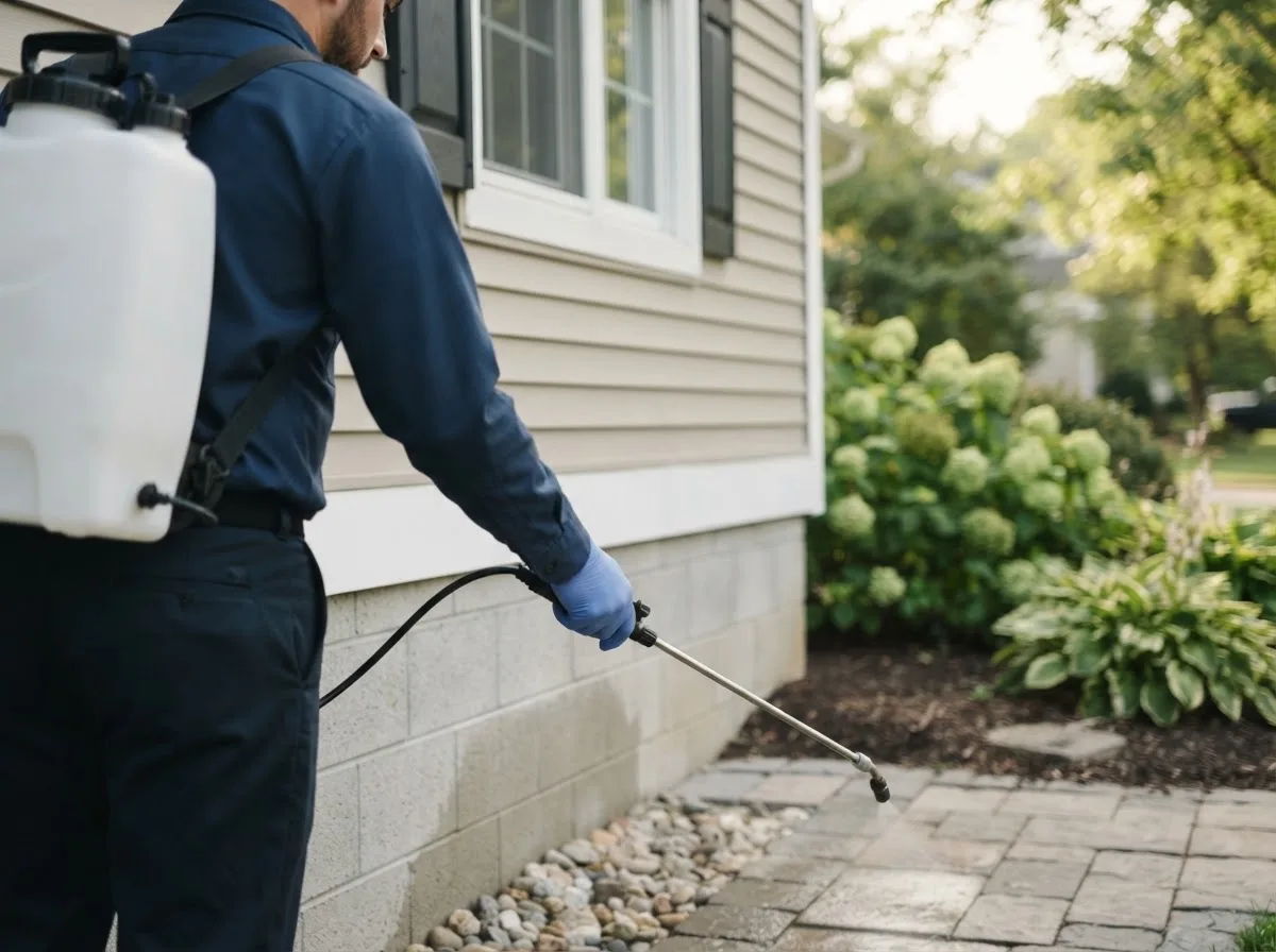Pest control technician inspecting a home in Crosby, MN